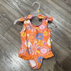 NWT Girl Floral Orange Kids Swim One Piece